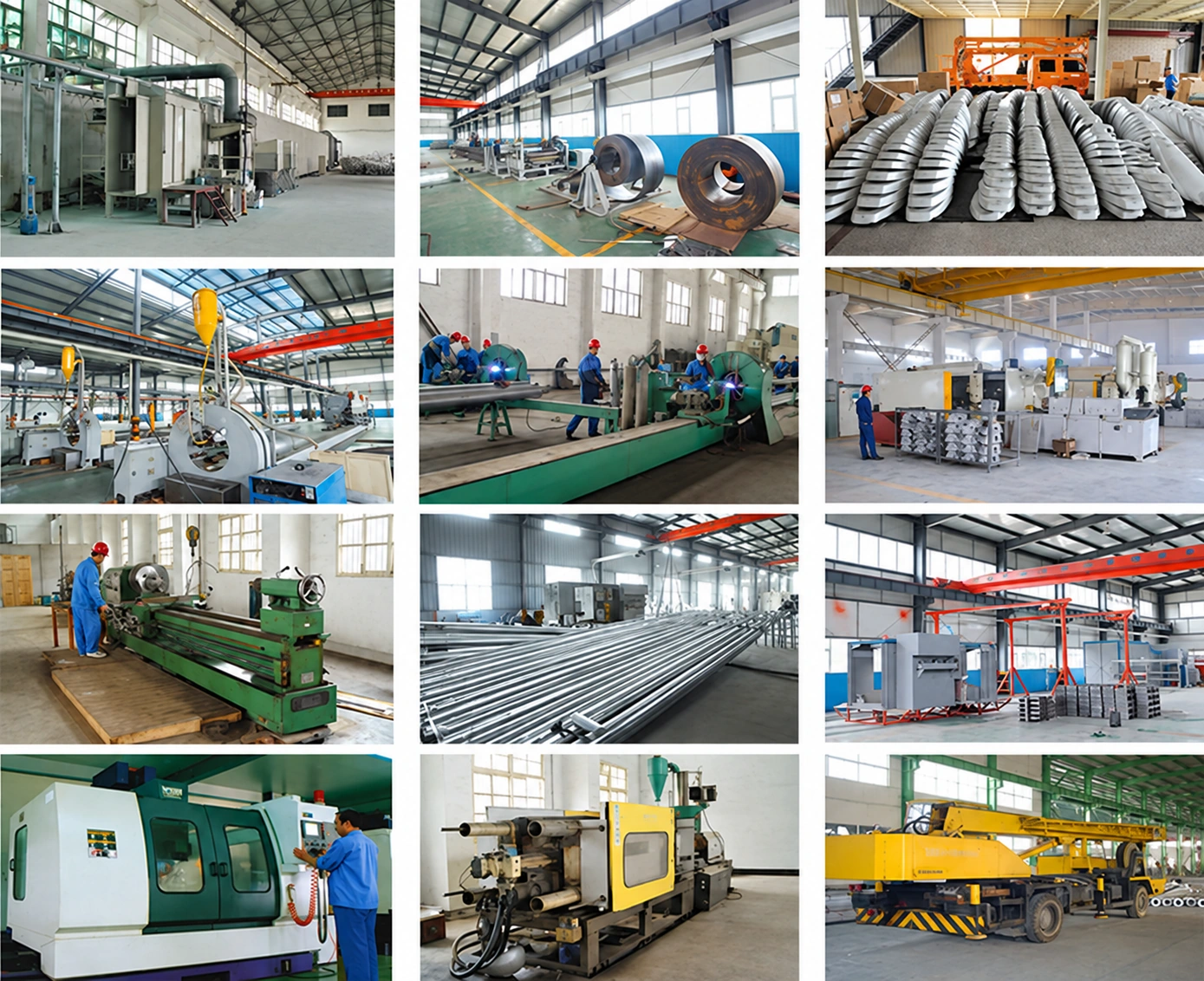 AI-enhanced archival collage of factory workshops and production equipment.